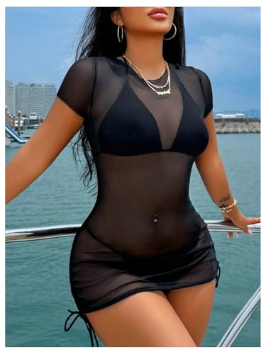 Women's Drawstring Ruched Swimsuit Coverup Short Sleeve Sheer Mesh Beach Dress Bathing Suit Cover Up4