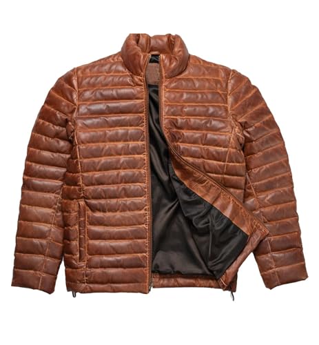 Zulin Mens Brown Puffer Leather Jacket - Brown Dristressed Down Puffer Genuine Leather Jacket