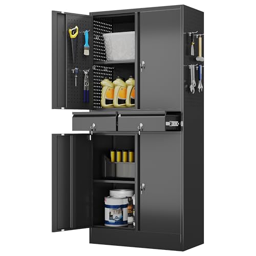 JAORD Metal Storage Cabinet with 2 Drawers and Pegboard, Garage Storage Cabinet with Locking Doors...