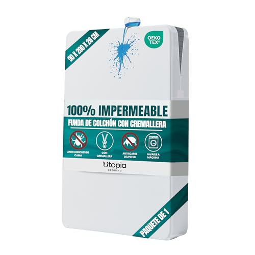 Utopia Bedding Funda de Colchón Impermeable (90 x 200 x 20 cm), Protector de Colchón con Cremallera, Antiácaros y Chinches Cubre Colchon, Blanco