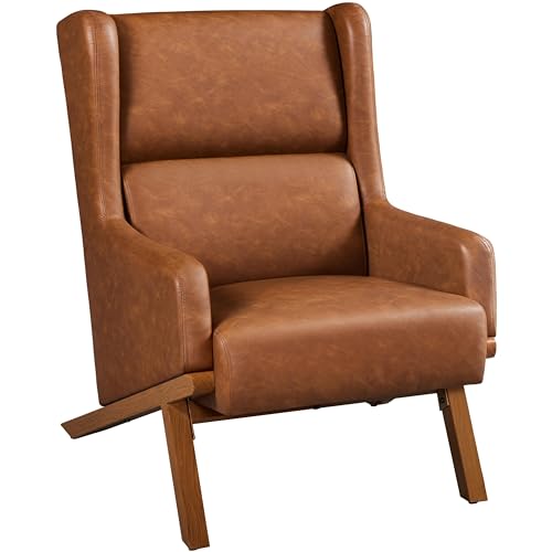 Yaheetech PU Leather Armchair, Retro Accent Chair with High and Wide Back, Thick Seat Couhion Living Room Chair for Reading Nook, Home Office, Bedroom, Brown