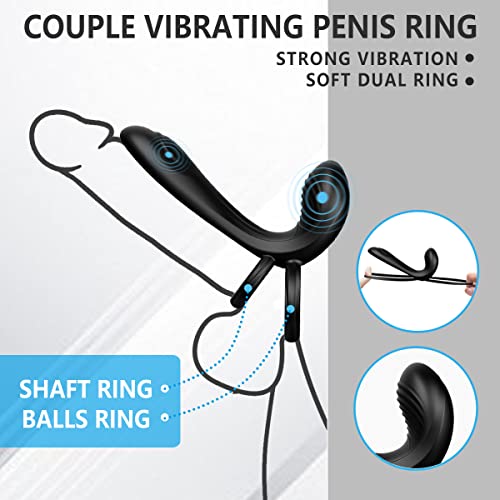 Couple Vibrator With Dual Penis Ring, 10 Vibrating Mode G-Spot And Clitor Simulator 3 In 1 Vibrator Rechargeable Waterproof Adult Sex Toy With Remote Control For Couple Black #TOP1