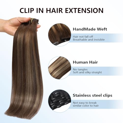 Image of COOKAYU Clip in Hair Extensions Real Human Hair, 4 /27 /4 Medium Brown to Caramel Blonde Balayage Real Human Hair, Remy Clip in Hair Extensions 14 inch 120g 7pcs