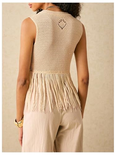 MakeMeChic Women's Crochet V Neck Tie Front Sweater Vest Fringe Sleeveless Sweaters3