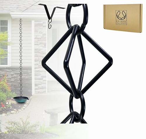 U-nitt Rain Chain Water Collection for Gutters Rainwater Catcher & Diverter, 8.5 FT Chains for Outside Garden, Black Diamond Link, Roof Downspout, Works with Heavy Rain, w/ Gutter Clip for Rainchains