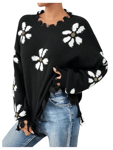 Image of SweatyRocks Women's Floral Print Sweaters Long Sleeve Ripped Crewneck Asymmetrical Hem Drop Shoulder Knit Pullover Tops Black Medium