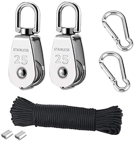 Roda de acero, polea de ranura 2 uds M25 bloque de poleas individuales alambre colgante rueda de remolque 20 metros cuerda de línea de polea de nailon