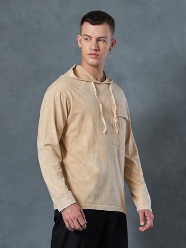 Image of Bewakoof Men's 100% Cotton Solid Oversized Fit Hooded T-Shirt