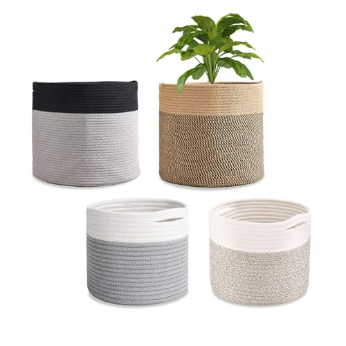 [ココチエ] 鉢カバー 鉢 プランター カバーおしゃれ 10号 バスケット 収納 かご 綿 ロープ インテリア ポット 植木鉢 屋内 ベージュ (ベージュ×模様)