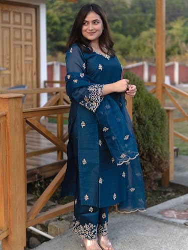 Image of Royal Export Women's Kurta Set | Viscose Silk Floral Embroidered Straight Kurta Pant Dupatta Set Kurta Sets for Women | Ladies Kurta Set (RX60-P)