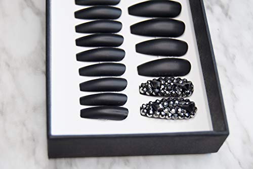IMPRESSED Luxury Press on Nails 24 pcs Long Fake Coffin Nail Tips Matte Black Rhinestone Design False Nails with Adhesive Nail Glue Tabs (Matte black) - Thumbnail 5