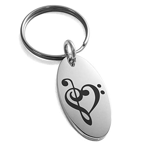 Stainless Steel Treble Bass Clef Musical Heart Small Oval Charm Keychain Keyring