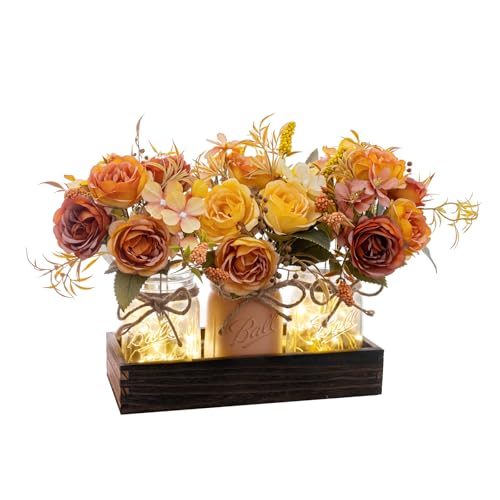 SUNNY BROOK 3PCS Artificial Fall Flowers in Mason Jars with Rustic Wood Tray – Amber Orange & Yellow Fake Floral Centerpiece, Faux Flower for Farmhouse Autumn Decor Kitchen, Coffee Table, Tiered Tray - Cosy Home Interiors SUNNY BROOK 3PCS Artificial Fall Flowers in Mason Jars with Rustic Wood Tray – Amber Orange & Yellow Fake Floral Centerpiece, Faux Flower for Farmhouse Autumn Decor Kitchen, Coffee Table, Tiered Tray