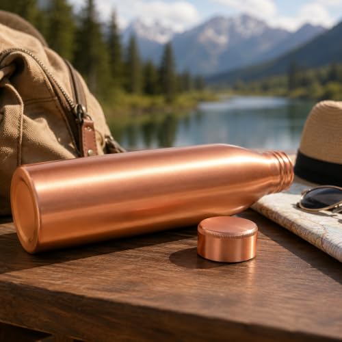 Image of Pure Copper Water Bottle 32 Oz Ayurvedic Drinking Bottle with Wide Mouth and Brush, Leak Proof Reusable Metal Bottle for Home Office Gym Travel, Red Brown Finish