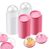 PRALB 100 Set 2.75x2.75x2 inch Mini Cupcake Boxes Clear Plastic Muffin Pod Dome Muffin Single Container Box Wedding Birthday Gifts Supplies for Cheese Pastry Dessert Mooncake (round, pink)
