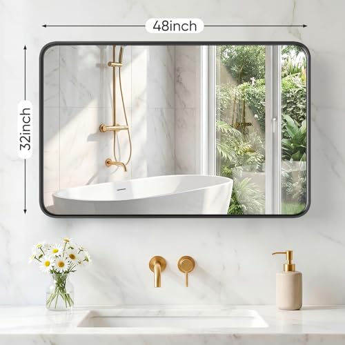 Image of Sweetcrispy Bathroom Mirror 48x32 Inch Metal Framed Rounded Rectangle Vanity Mirror for Wall, Over Sink, Farmhouse, Restroom, Anti-Rust, Modern Decorative, Horizontal or Vertical Hanging, Black