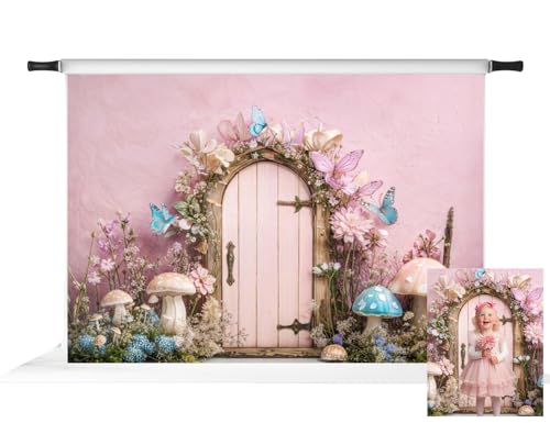 Kate Spring Fairy Tale Door Mushrooms Butterfly Pink Photo Backdrop, 7x5ft by Kate - Used condition - US$26.04