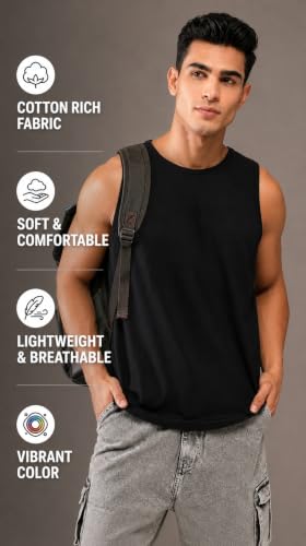 Image of CHKOKKO Sleeveless T-Shirt for Men Sando Tank Top Premium Cotton Blend Cut Sleeves Shirt as Casual, Lounge or Beach Wear Tshirt Muscle Fit Vest in Plain Round Neck