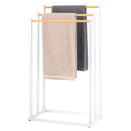 eluno Porte-Serviettes sur Pied 3 Barres en Bambou (Blanc)