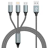 【Cable de carga universal 3IN1】 Cable multi USB Puede hacerle la vida más fácil. Un cable de carga múltiple puede cumplir con sus tres requisitos diferentes: un cable de carga multifuncional con teléfono, micro USB, conexión USB tipo C. No necesita llevar ningún otro cable con usted.