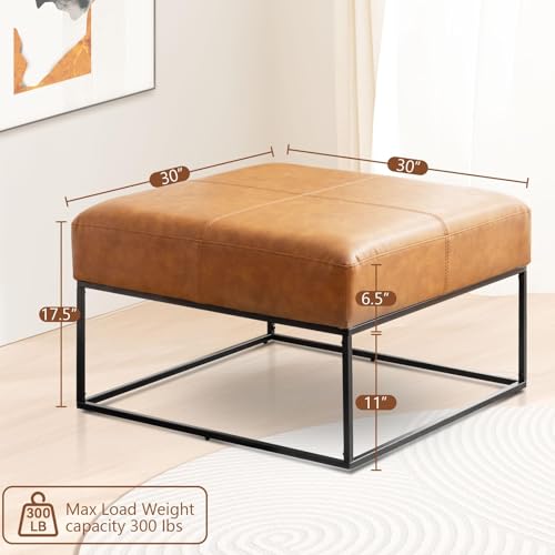 Image of Modern Square Coffee Table, Farmhouse Ottoman for Living Room, Large Vintage Leather Coffee Tables with Faux Leather Upholstered Padded Seat [Square, Vintage Brown, 30'']