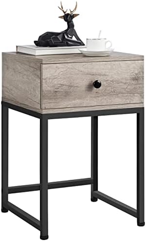 Yaheetech Bedside Table with 1 Drawer and Open Shelf, Metal-Framed Wooden End Table for Living Room/Bedroom/Office,Gray