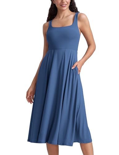 Image of CRZ YOGA Cloudweight Double Lined Square Neck Midi Dresses for Women Casual Summer Sleeveless Outfits with Side Pockets