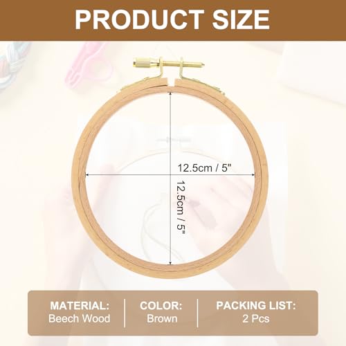 Image of PATIKIL 2 Pieces 5 Inch Beech Wood Embroidery Hoops, Circle Cross Stitch Hoop Frames Arc Side Embroidery Hoop Ring with Adjustment Brass Screw for Sewing, Needlework, DIY Craft Decoration
