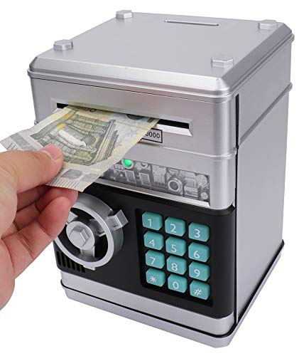 Yarlung Electronic Piggy Bank, Auto Scroll Paper Money Saving Box, ATM Password Cash Coin Can Gift Toy for Kids Children, Silver