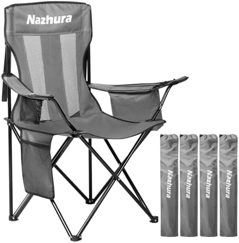 Nazhura 4 Pack Outdoor Camping Chairs Folding/Foldable/Portable with Cooler Pouch, Mesh Backrest and Cup Holder Pocket(Grey) (Grey, 4 Pack)
