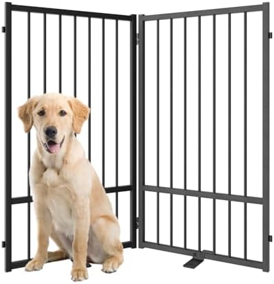 Full Metal Freestanding Dog Gate with Door, 36''Height Foldable Pet Dog Fence for Indoor &amp; Outdoor, 2 Panels Extra Wide Free Standing TallDog Gates for Doorways,House,Stairs,Porch,Deck,Yard