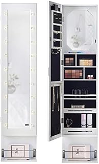 CARME Crystal Wall Door Mounted Full Length Mirror Jewellery Cabinet with LED Lights & Hair Dryer Holder Makeup Storage White