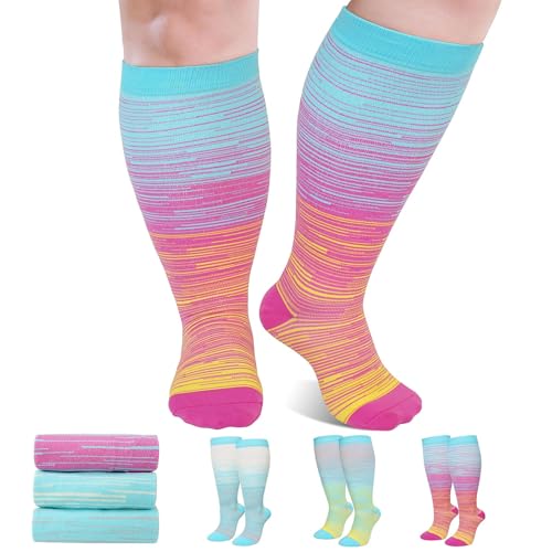 Image of Plus Size Compression Socks 20-30mmHg Wide Calf for Men Women, Extra Large Compression Stockings Support for Running, Travel, Nurses, Pregnancy (3 Pairs)