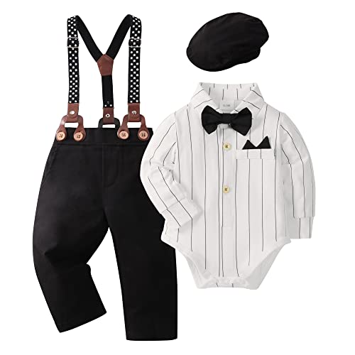 Image of YALLET Baby Boy Clothes Set Infant Tuxedo Long Sleeve Gentleman Suit Outfits + Beret Hat + Suspender Pants + Bowtie 0-18M