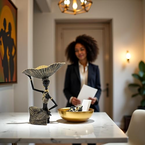 Estatua de Mujer Africana con Cuenco Negro y Dorado miniatura 7