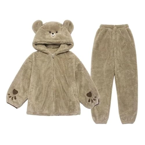 [sinlene] 着ぐるみ 大人 パジャマ レディース 冬 クマ耳 動物 2点セット フード付き ルームウェア セットアップ もこもこパジャマ 部屋着 寝巻き 暖かい 長袖 モコモコパジャマ (L)のサムネイル