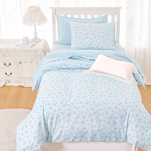 Image of Wake In Cloud - Floral Comforter Set, Coquette Cottagecore Aesthetic Flower Shabby Chic Pattern for Women Teen Girls, Soft Lightweight Bedding, 3 Pieces, Blue Pink, Twin /Twin XL Size
