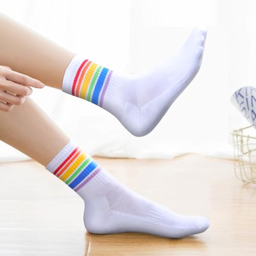 Image of YUEDGE Women's Striped Cuff Casual Cushioned Crew Socks Moisture Wicking Odour Free White Cotton Tennis Cycling Running Training Athletic Socks For Women Size 9-12, 5 Pairs
