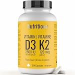 Vitamin D3 K2 Supplement - 2500 IU D3, 120 mcg K2 MK7 x 124 Capsules - Plant-Based, Vegan - Prevents Deficiency, Supports Bone Health in Women and Men - Made in Canada, Third-Party Tested - Nutritionn