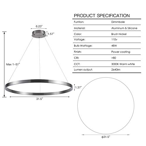 Image of MADEM 31.5'' LED Modern Chandelier 1-Ring Circular Dimmable Pendant Light | Flush Mount Pendant Lighting Adjustable for Living Room Dining Room, Bedroom, 3000K Warm White, Brush Nickel