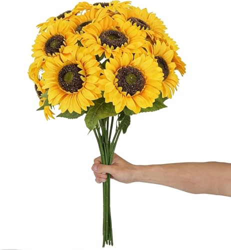 Fairblo 12 Pièces Fleurs Artificielles Deco Tournesol Artificiel 66 cm Fausse Fleur Decoration en Soie Bouquet de Fleurs Artificielles Jaune Fleur...