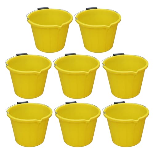 [SET OF 8] - Yellow Colour Plastic Builders Bucket 3 Gallon 14 LITRE Water Mixing Storage Bucket with Handle and Spout Perfect for Cleaning & Animal Feed – Made In UK