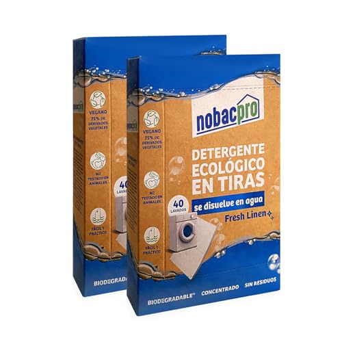 NobacPro - Detergente en Tiras para Lavadora | Hasta 80 Lavados - 40 Tiras | Olor Fresh Linen | 100% Ecológico | Hipoalergénico y vegano | No contiene plásticos | Fabricado en España