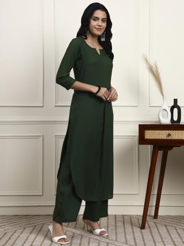 Image of idaLia Rayon Solid Straight Brown Kurta Set for Women with Palazzo 3 /4 Sleeve, Round V Neck Designer Kurta with Palazzo Pant Set
