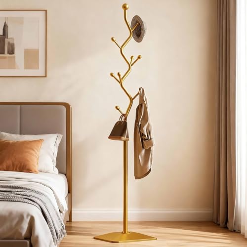 IRNCLD Sturdy Metal Coat rack Tree – Anti-Tip Design with 8 Hooks, Perfect for Home, Dorm, or Office Organization (gold)