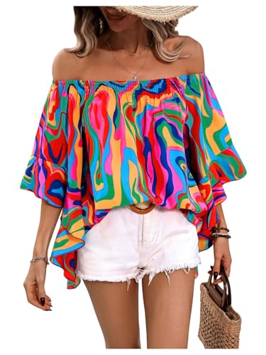 GORGLITTER Women's Off The Shoulder Tops Boho Asymmetrical 3/4 Sleeve Ruffle Colorful Blouses Shirt Tops Dressy Casual