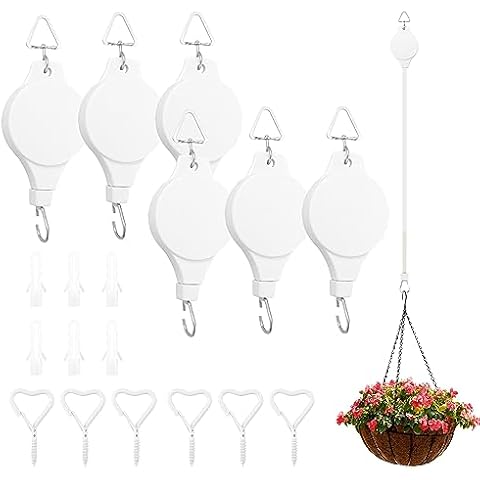 KEJJNYER 6 Pack Hanging Plant Pulley Retractable with 6 Pcs Metal Hook, Heavy Duty White Retractable Plant Hanger, Adjustable Plant Pulley Hanger for Planters, Garden Baskets Cover