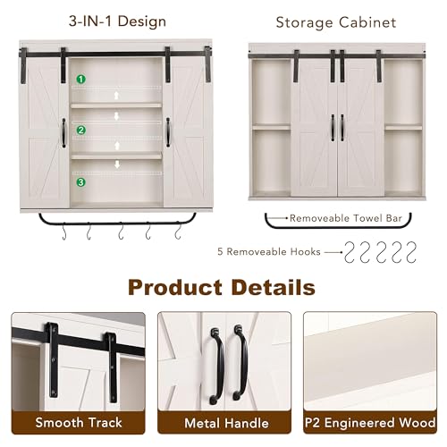 Image of RUSTOWN Farmhouse Bathroom Wall Cabinet with Sliding Barn Door & Towel Rack