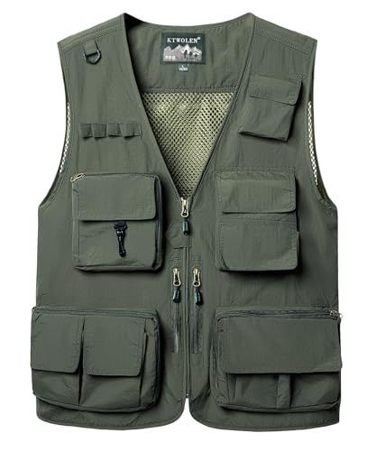KTWOLEN Herren Anglerweste Sommer Leicht Schnelltrockenweste Funktionsweste Outdoor Fotografie Hundesport Weste Ärmellos Safari Weste mit Viele Taschen, Grün, L