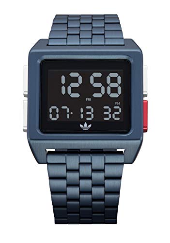 Adidas Watches Archive_M1. Men’s 70’s Style Stainless Steel Digital Watch with 5 Link Bracelet (Navy/Black/Silver/Red. 36 mm).